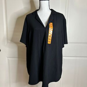 NWT Hilary Radley Black Solid Collared V-Neck Short Sleeves Blouse Sz. XXL